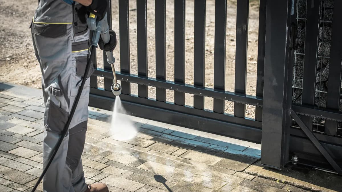 A driveway being jet washed beside a metal gate